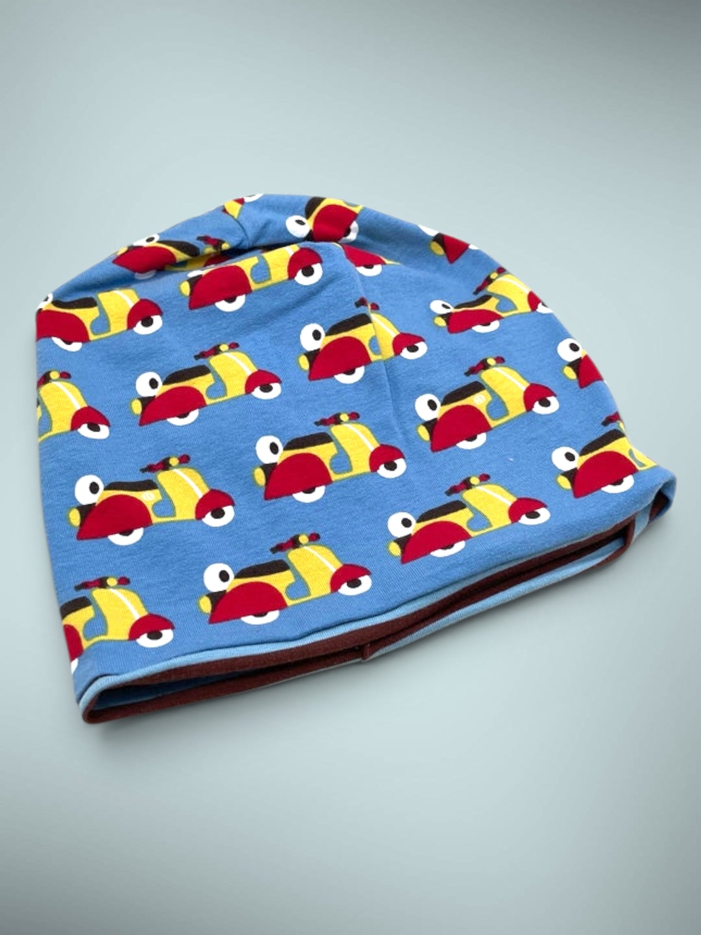 Wende-Beanie für Kinder – Motorroller Design blau