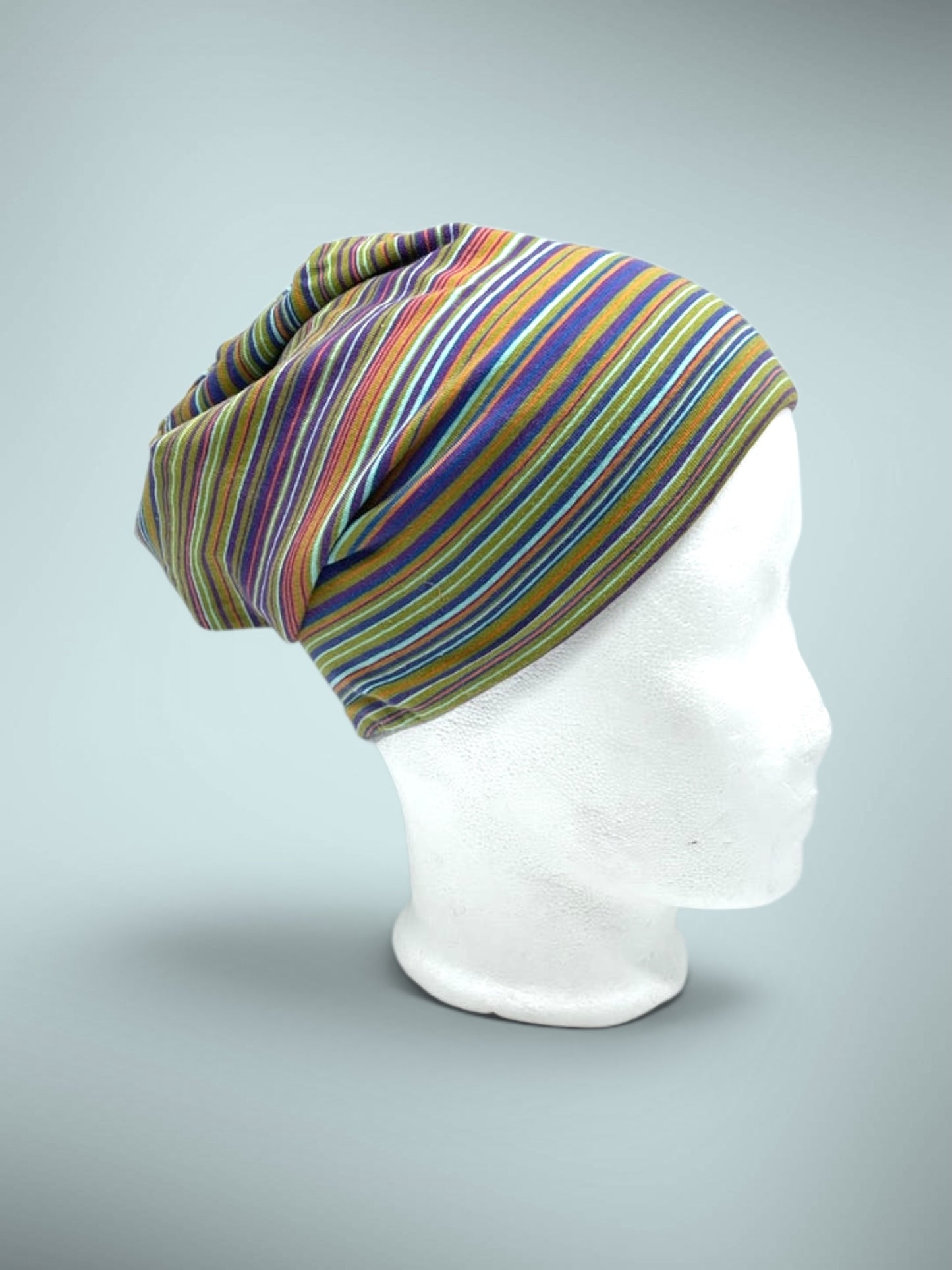 Wende-Beanie für Kinder – Streifen Design blau