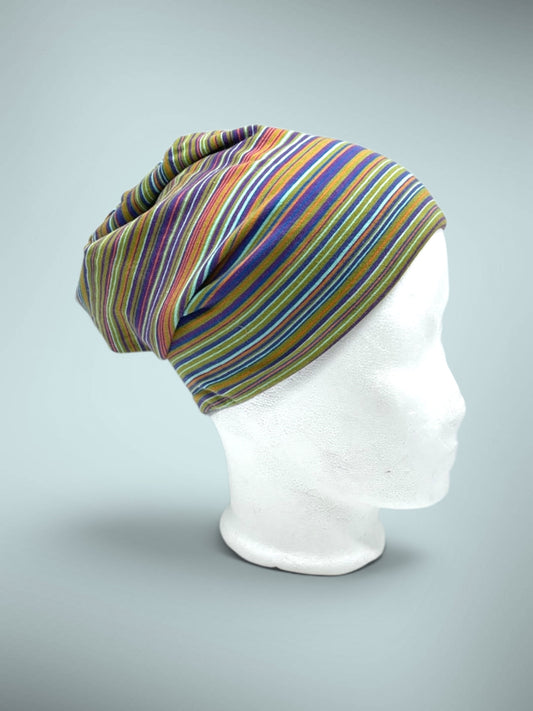 Wende-Beanie für Kinder – Streifen Design blau