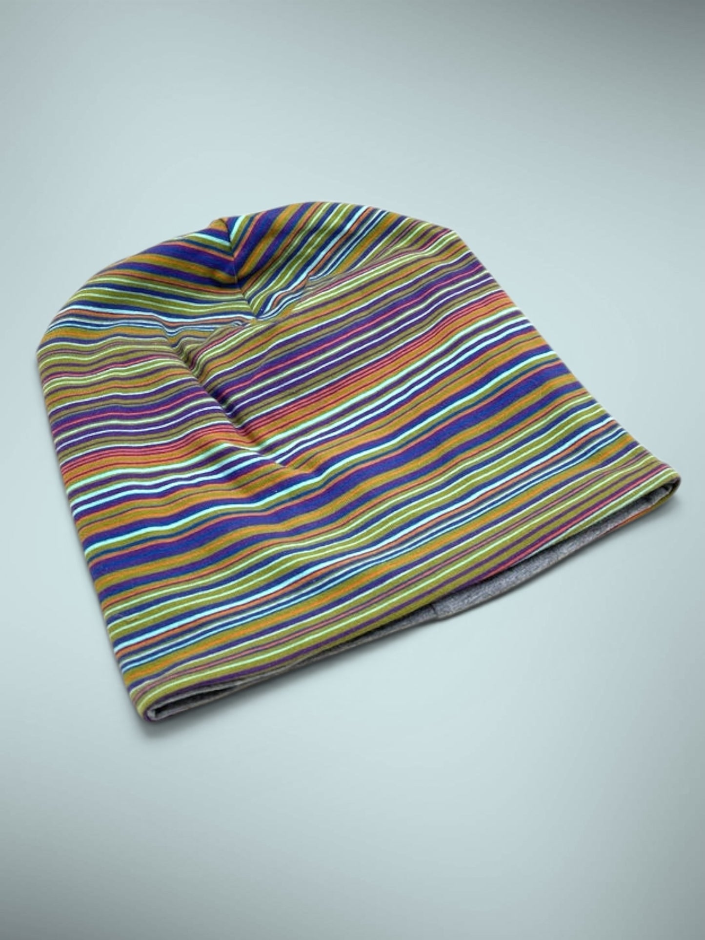 Wende-Beanie für Kinder – Streifen Design blau