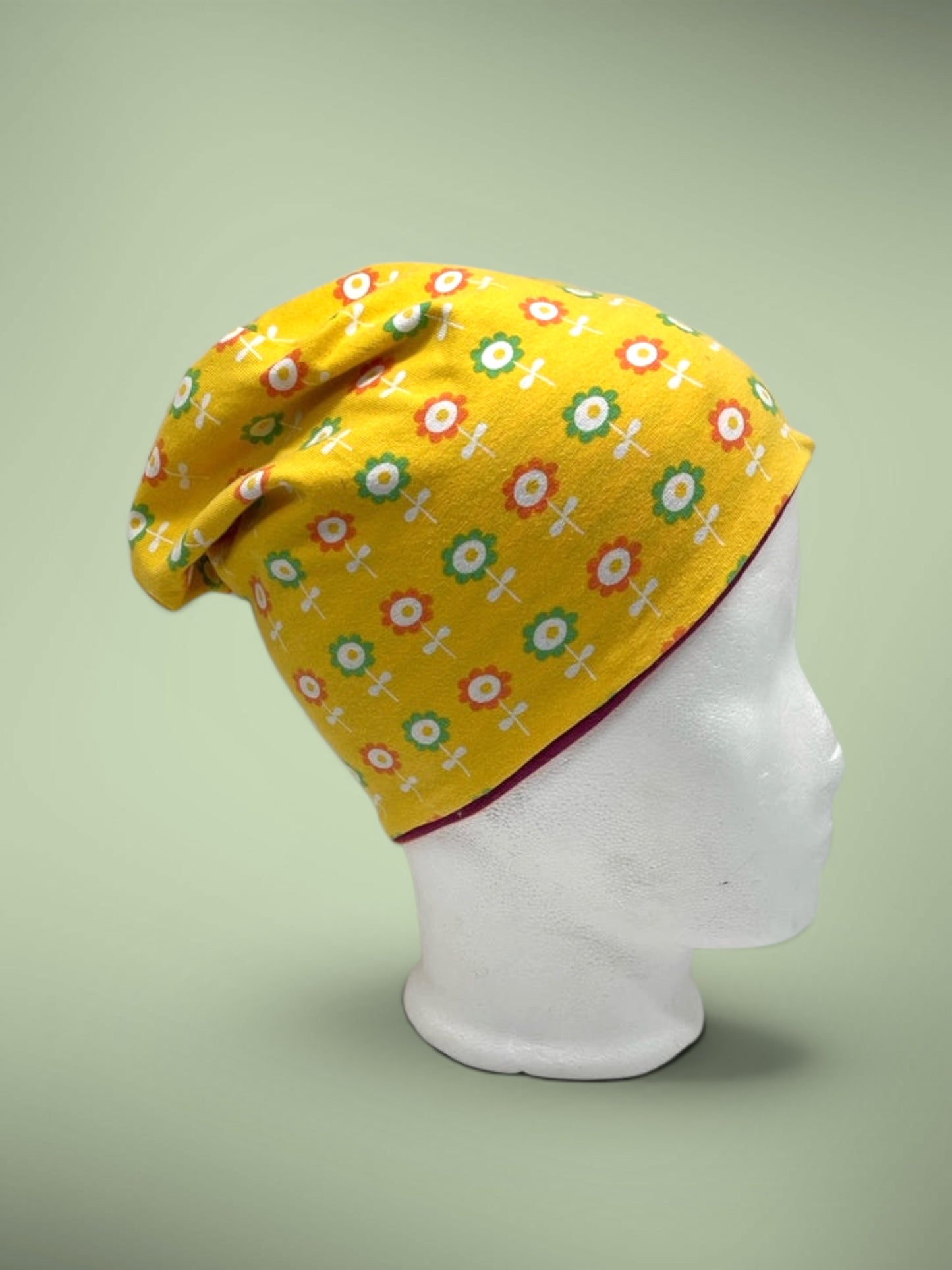 Wende-Beanie für Kinder – Blumen Design gelb