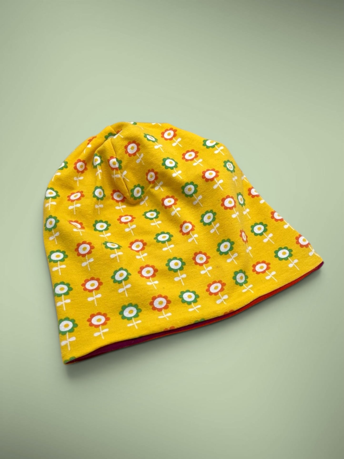 Wende-Beanie für Kinder – Blumen Design gelb