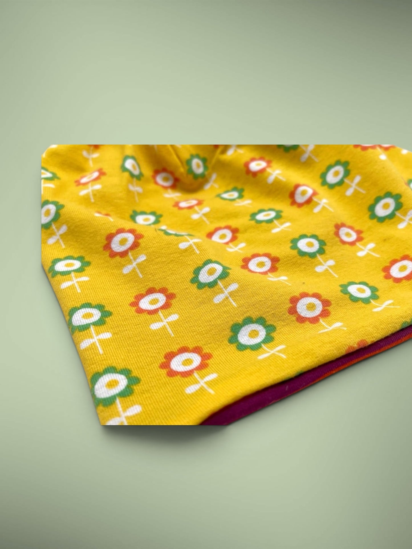 Wende-Beanie für Kinder – Blumen Design gelb