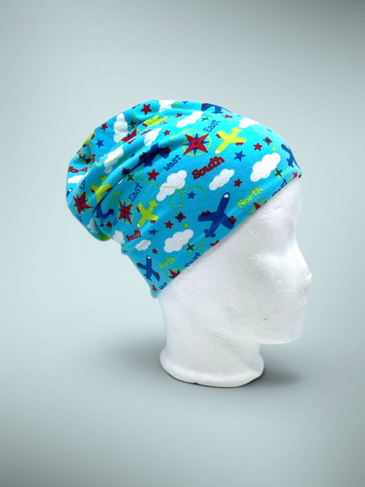 Wende-Beanie für Kinder – Flugzeuge Design blau