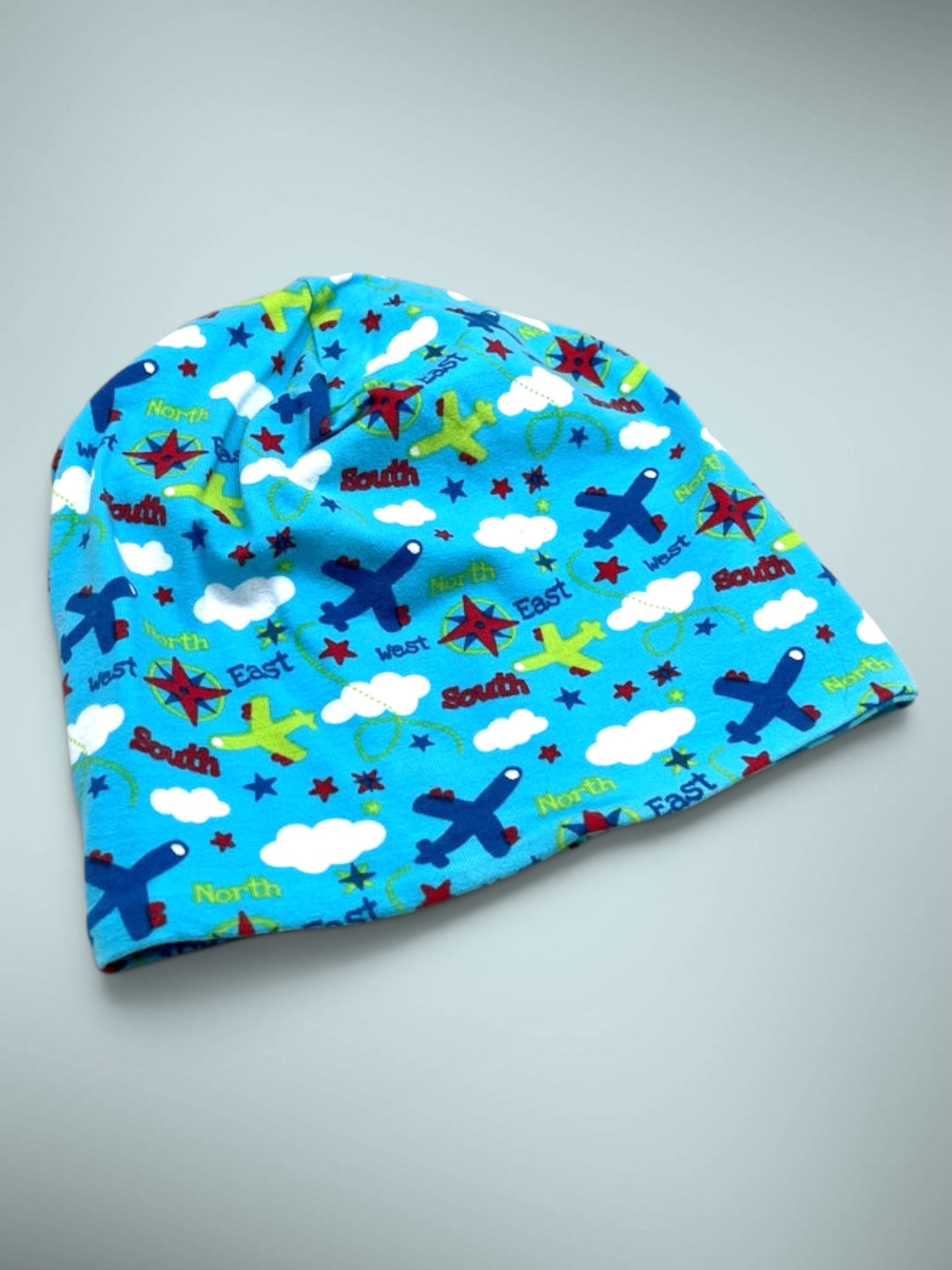 Wende-Beanie für Kinder – Flugzeuge Design blau