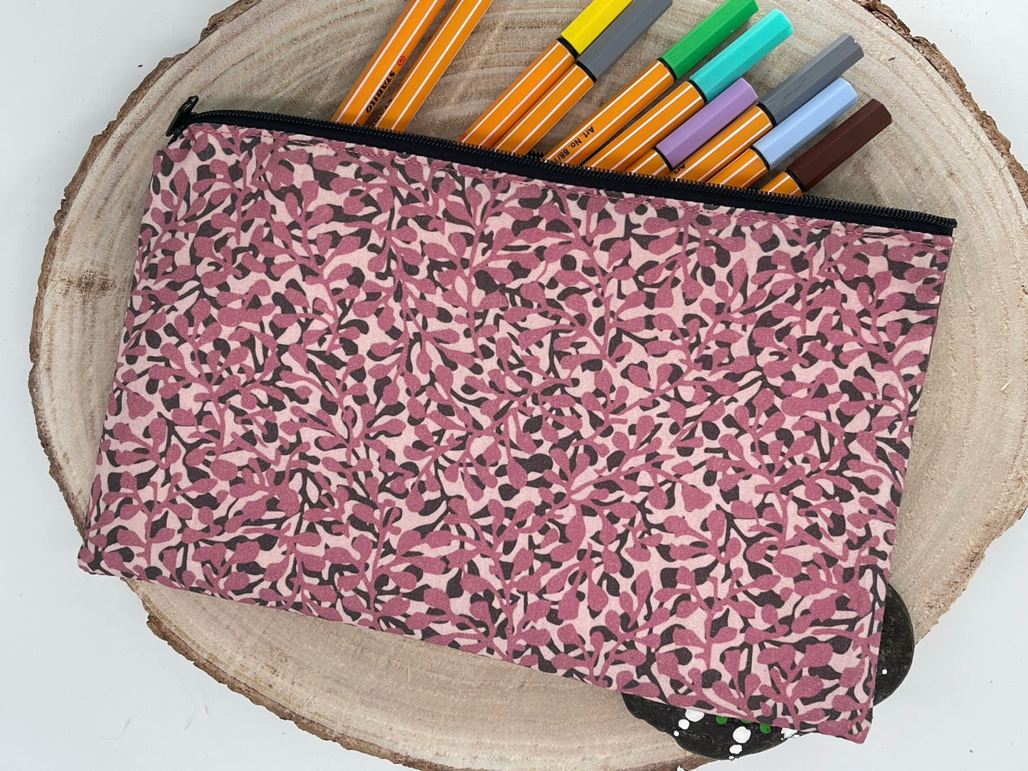 Stylische Federtasche Stifttasche Mäppchen Kosmetik kleine Tasche Blätter grau/rosa