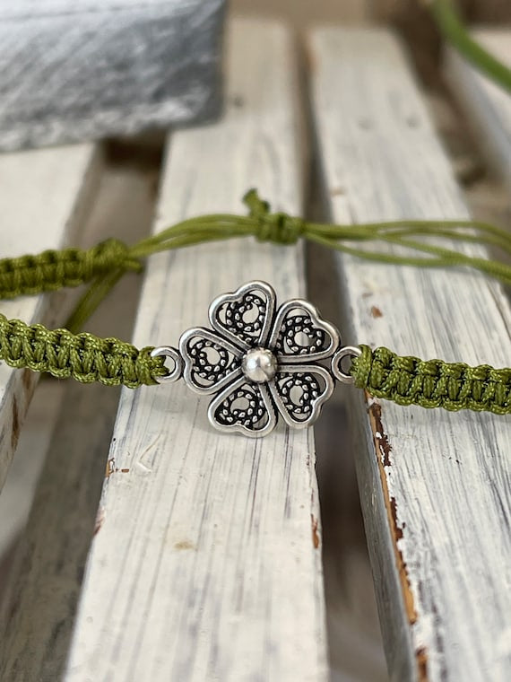 Freundschaftsarmband Makramee Schmuck Armband Herz-Blume silberfarben