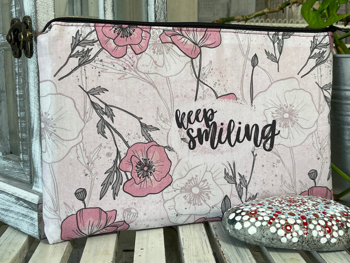 Stylische Federtasche Stifttasche Mäppchen Kosmetik kleine Tasche keep smiling rosa mit Blumen Kopieren