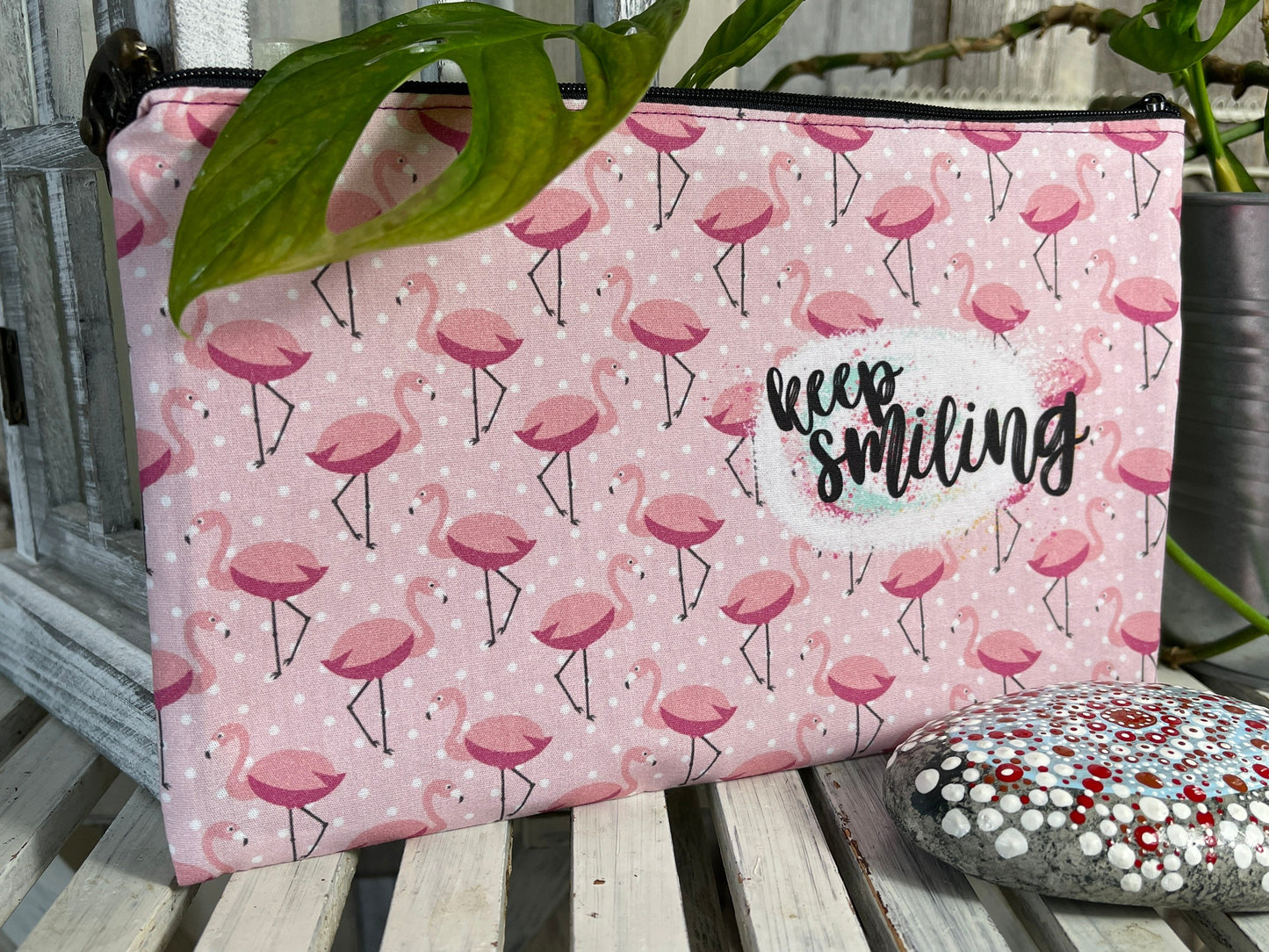 Stylische Federtasche Stifttasche Mäppchen Kosmetik kleine Tasche keep smiling rosa Flamingo