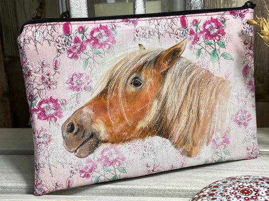 Stylische Federtasche Stifttasche Mäppchen Kosmetik kleine Tasche Pony & Blumen