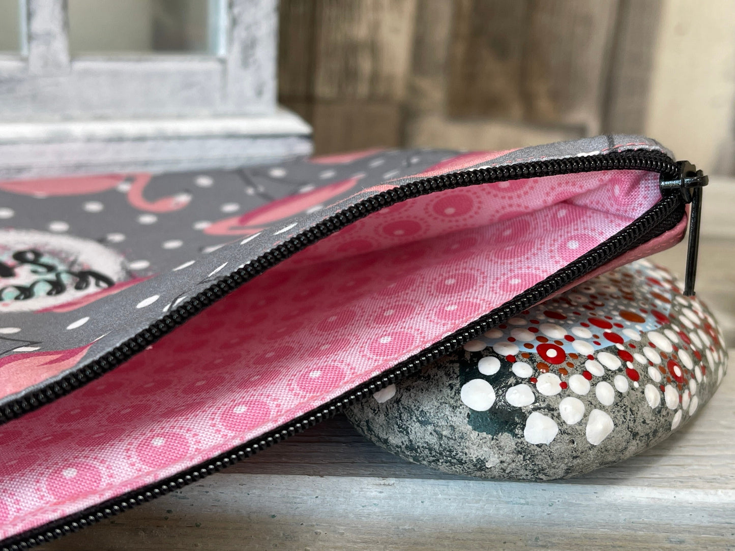 Federtasche Kosmetiktasche Modi Tasche „keep smiling“ grau mit Flamingo