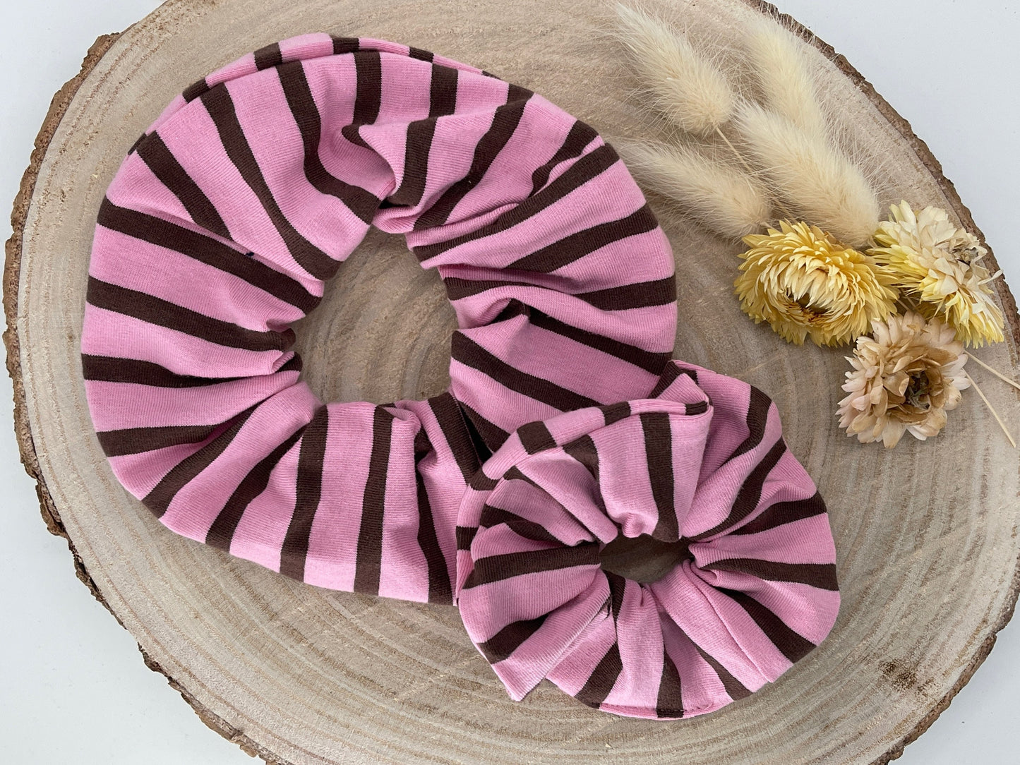 Scrunchie Haargummi elastisches Haarband Streifen rosa braun für feines oder dickes Haar