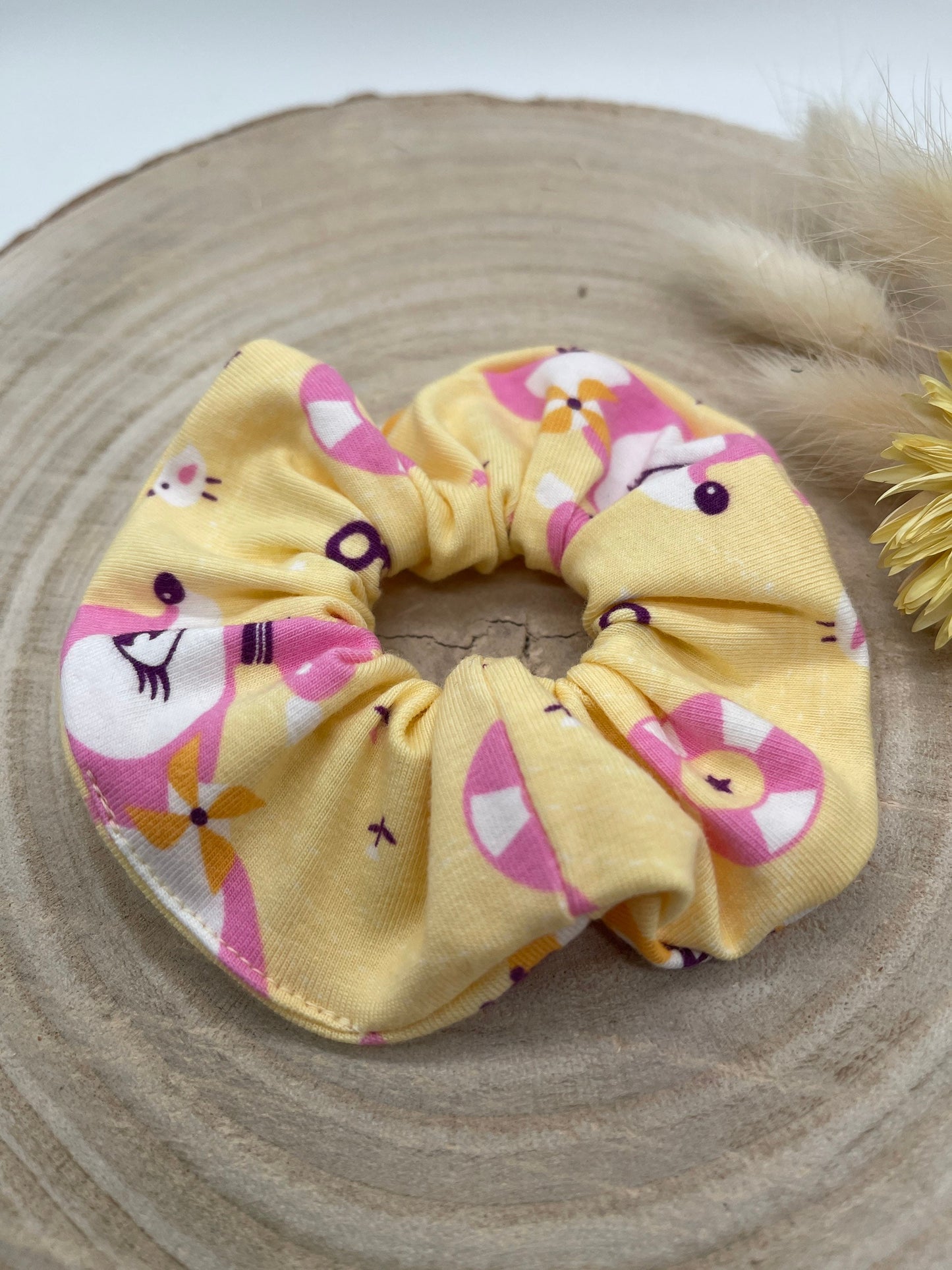 Scrunchie Haargummi elastisches Haarband gelb mit Rehkitz für feines oder dickes Haar
