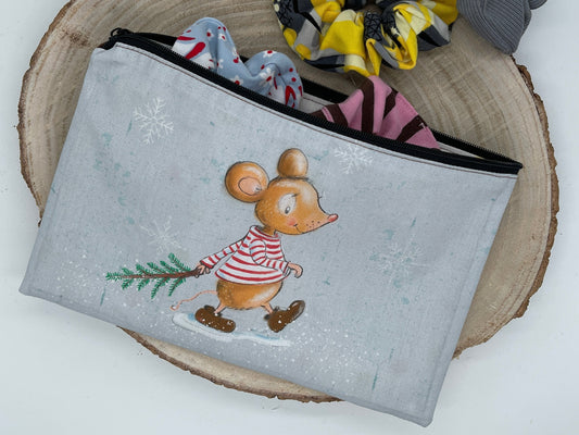Stylische Federtasche Stifttasche Mäppchen Kosmetik kleine Tasche Weihnachtsbaum Maus